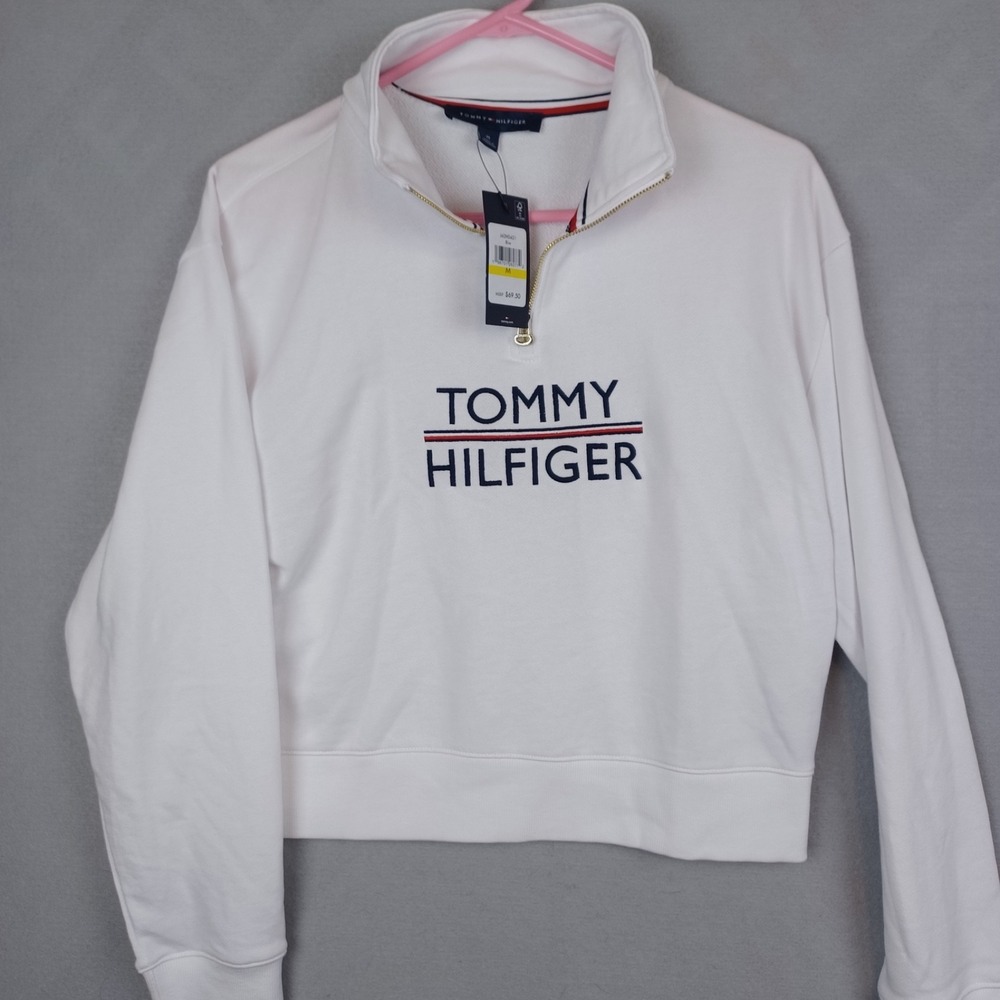 Tommy Hilfiger Crop Quarter Zip Sweatshirt White Logo Pullover Women's M NWT